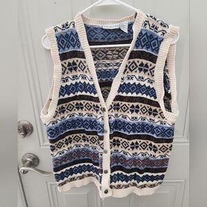 Vintage 1980s Season Ticket Patterned Blue and Cream Cardigan Vest - XL